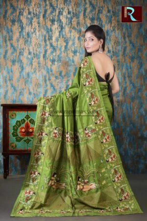 Hand Ari work on Art Silk Saree of Pesta Green color1